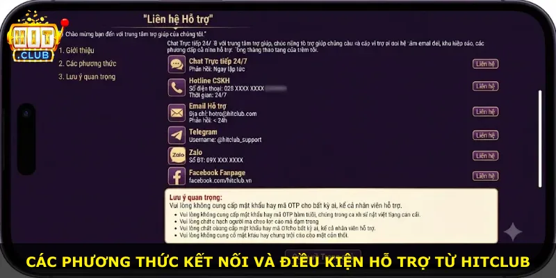 Các phương thức kết nối và điều kiện hỗ trợ từ Hitclub