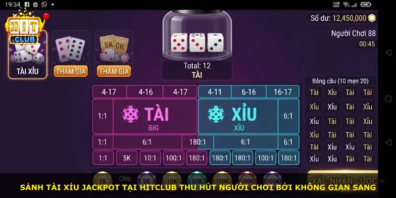 Sảnh Tài Xỉu Jackpot tại Hitclub thu hút người chơi bởi không gian sang